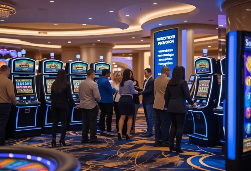 People using laptops, tablets, and smartphones to play online casino games in a modern, futuristic room with colorful digital game displays